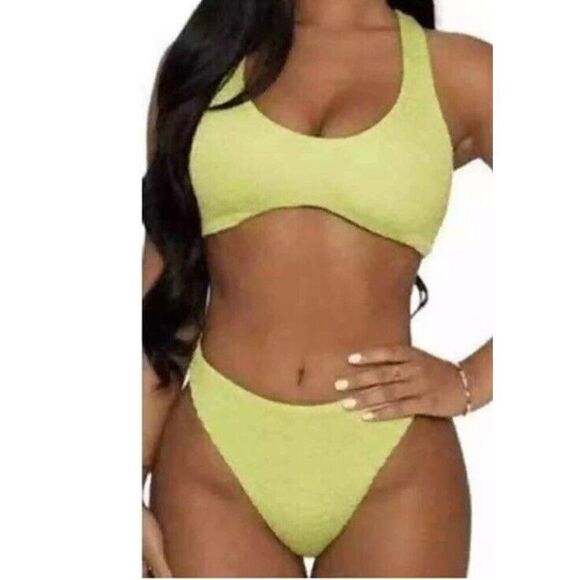 Naked Wardrobe Swim Sz Small 2-Piece Bikini Smocked Bathing Suit Lime Green NIB - Picture 6 of 7